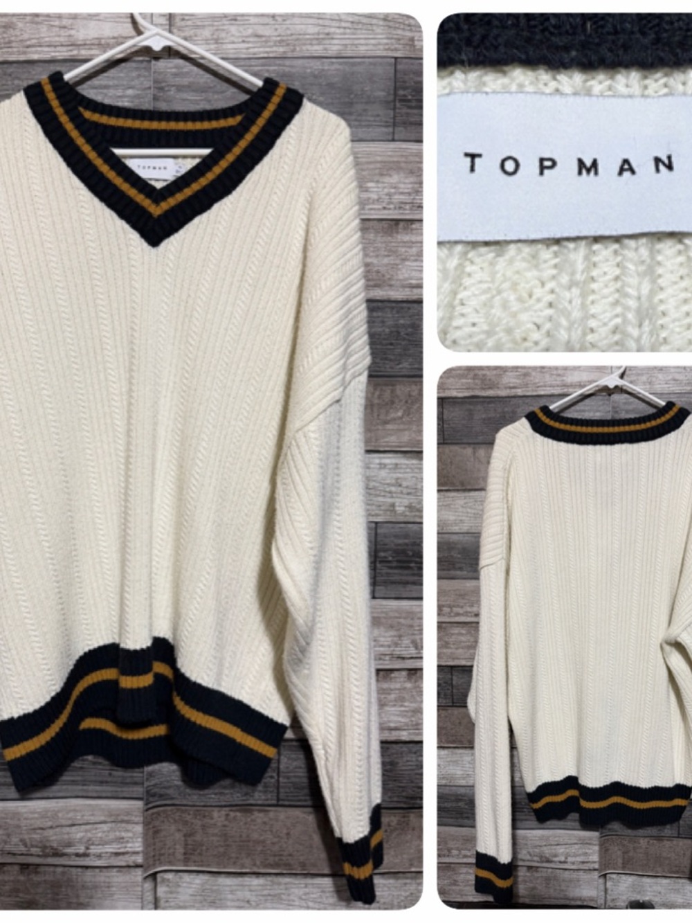 Topman Cable Knit V-Neck Sweater Men’s XL Cream Pullover Preppy